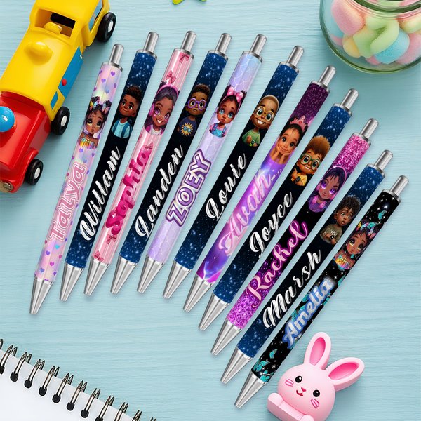 Personalised Cartoon Black Character Glitter Retractable Ballpoint Pen with Name Back to School Teacher's Day Appreciation Gift for Teachers Students