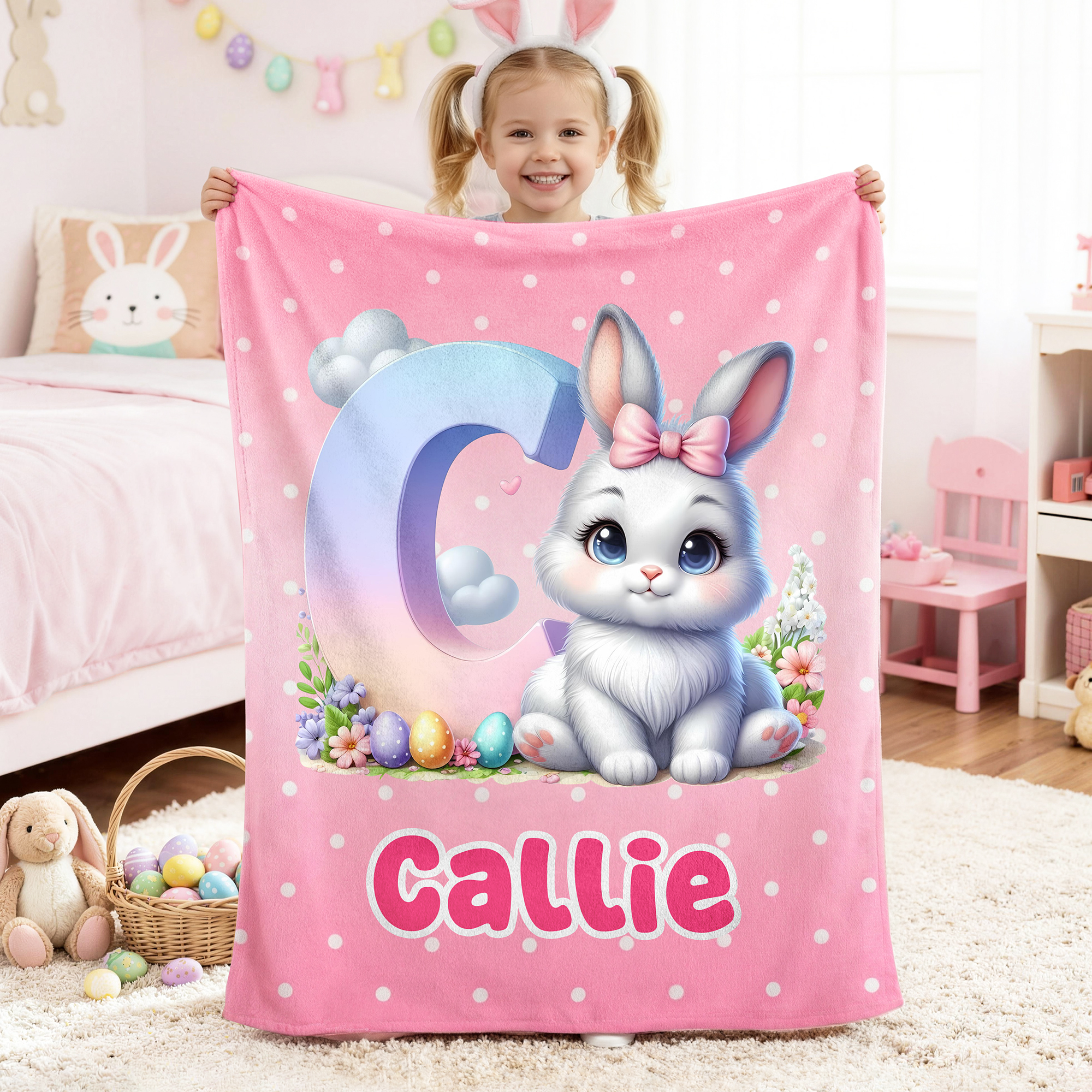 Couverture personnalisée avec le nom du lapin de Pâques Cadeau de Pâques pour les enfants et la famille