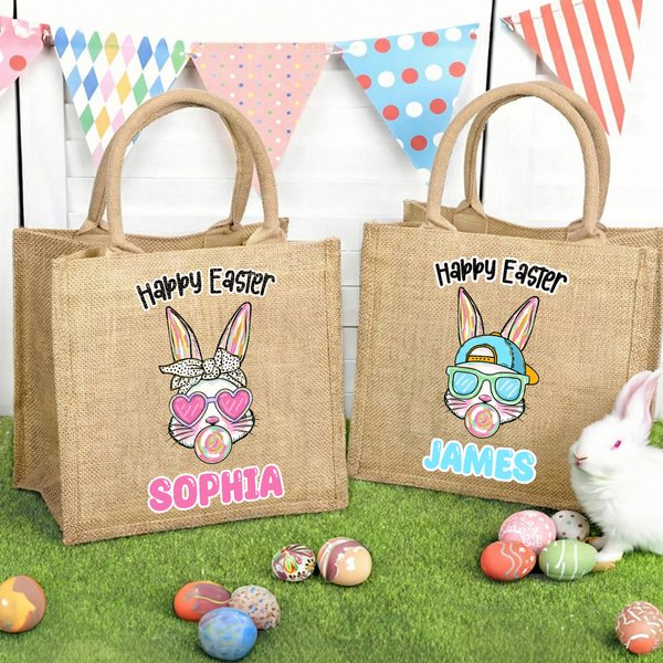 Personalized Happy Easter Sunglasses Bunny Large Jute Tote Bag with Name Easter Party Gift for Kids
