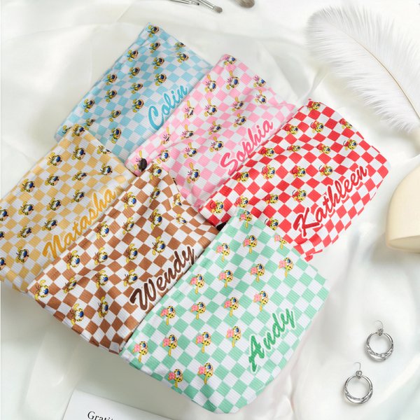 Personalized Cartoon Cute Marsupilami Corduroy Checkerboard Makeup Bag with Name Travel Birthday Gift for Women | Callie × Marsupilami®