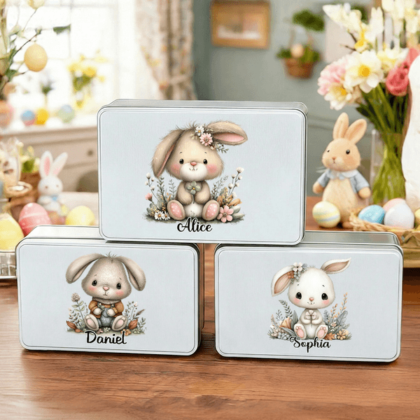 Conejito de Pascua personalizado Lata de galletas de metal con nombre Regalo de Pascua para niños Familia Amigos