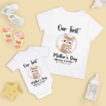 Personalised Cute Fox Design 100% Cotton T-shirt and Baby Onesie Matching Outfit Our First Mother's Day Gift for Newborn New Mom