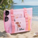 Personalized Birth Flower Beach Mesh Tote Bag with Name Summer Beach Travel Essential Birthday Gift for Women Friends