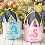 Personalized Cute Rabbit Easter Egg Ears Stripe Easter Basket with Name and Initial Easter Party Favor Eggs Hunting Gift for Kids