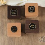 Personalized Black Gold Border Monogram Wooden Ring Box with Name and Initial Date Engagement Wedding Ceremony Gift for Couple