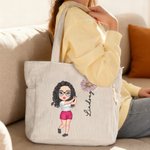 Personalized Cartoon Golfer Character Birth Flower Corduroy Tote Bag with Name Travel Essential Birthday Gift for Women Golf Lovers