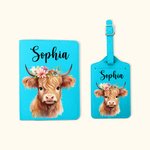 Personalised Floral Highland Cow Leather Passport Holder Luggage Tag Set with Name Travel Accessories Birthday Gift for Highland Cow Lovers