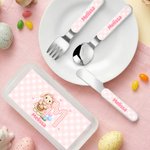 Personalized Cute Bunny Initial Safe Stainless Steel Fork Spoon Knife 3 Pcs Cutlery Set with Name and Case Back to School Birthday Gift for Boys Girls