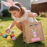 Personalized Happy Easter Sunglasses Bunny Large Jute Tote Bag with Name Easter Party Gift for Kids