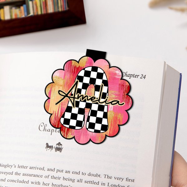 Personalized Pink-Gold Style Checkered Initial Magnetic Bookmark Clip with Name Book Club Birthday Gift for Reading Lovers Bookworms