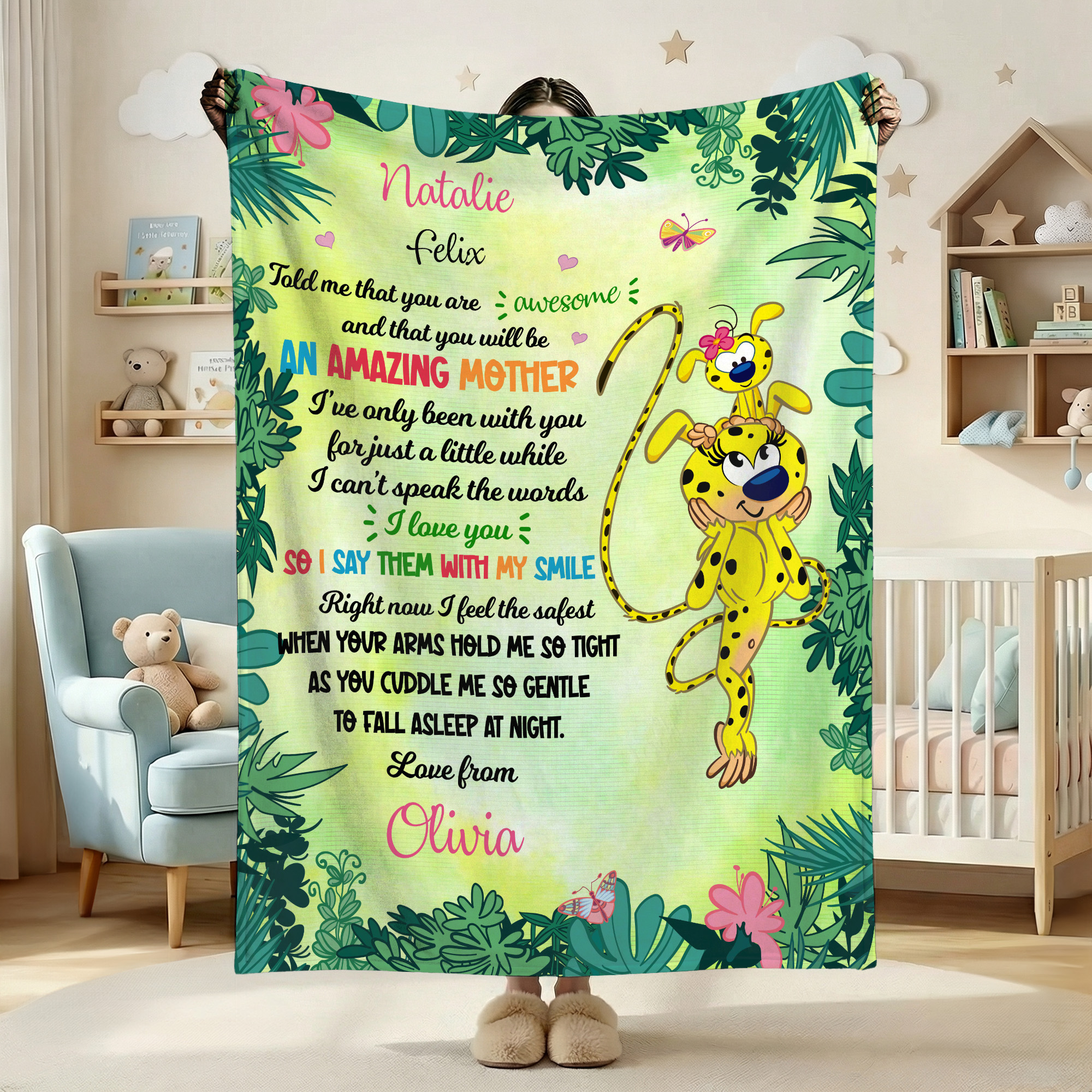 Couverture douce personnalisée en dessin animé du Marsupilami avec nom Cadeau d'anniversaire Cadeau de fête des mères pour la mère | Callie × Marsupilami®.