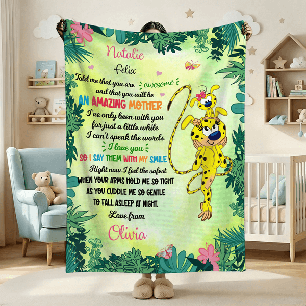 Personalized Cartoon Cute Marsupilami Soft Throw Blanket with Name Home Decor Birthday Mother's Day Gift for Mother | Callie × Marsupilami®