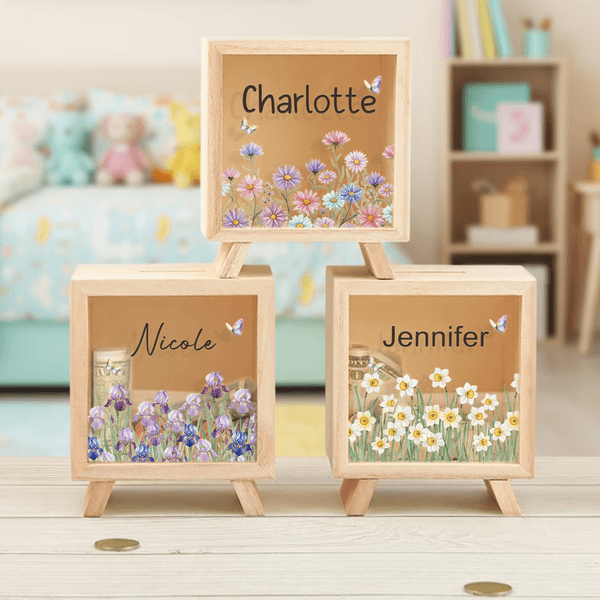 Personalized Birth Flower Wooden Money Box Piggy Bank with Name Back to School Children's Day Birthday Gift for Kids