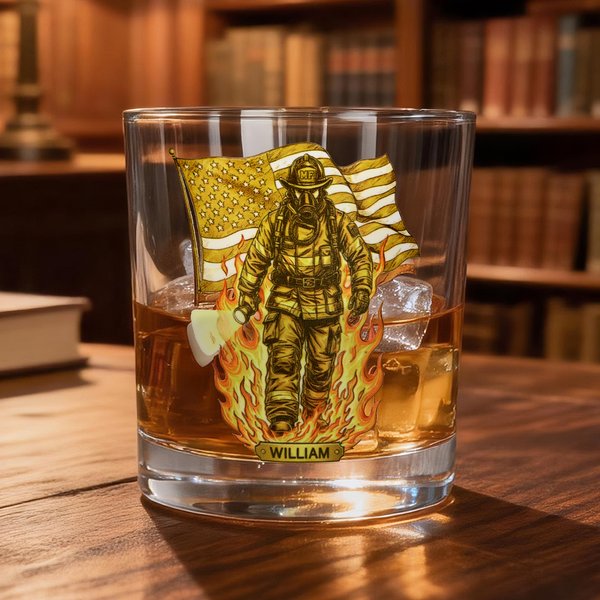Personalized American Flag Firefighter 10 oz Whiskey Glass with Thick Base and Name Father's Day Veterans Day Gift for Firefighter Military
