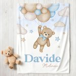 Coperta da lancio morbida personalizzata con nome, con palloncini a forma di orso - Regalo di compleanno per neonati e bambini