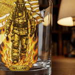 Personalized American Flag Firefighter 10 oz Whiskey Glass with Thick Base and Name Father's Day Veterans Day Gift for Firefighter Military