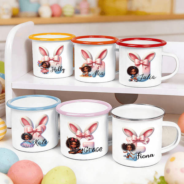 Personalized Cute Black Girl Bunny Ears Bow Initial 12 oz Enamel Mug with Name Easter Gift for Kids Black Girls