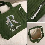 Bolso tote personalizado de pana de gran capacidad con efecto perla con flor de nacimiento nombre e inicial ideal regalo de cumpleaños para ella