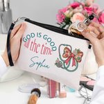 Personalized God is Good All the Time Makeup Bag with Name and Wrist Strap Travel Essentials Birthday Gift for Nurse