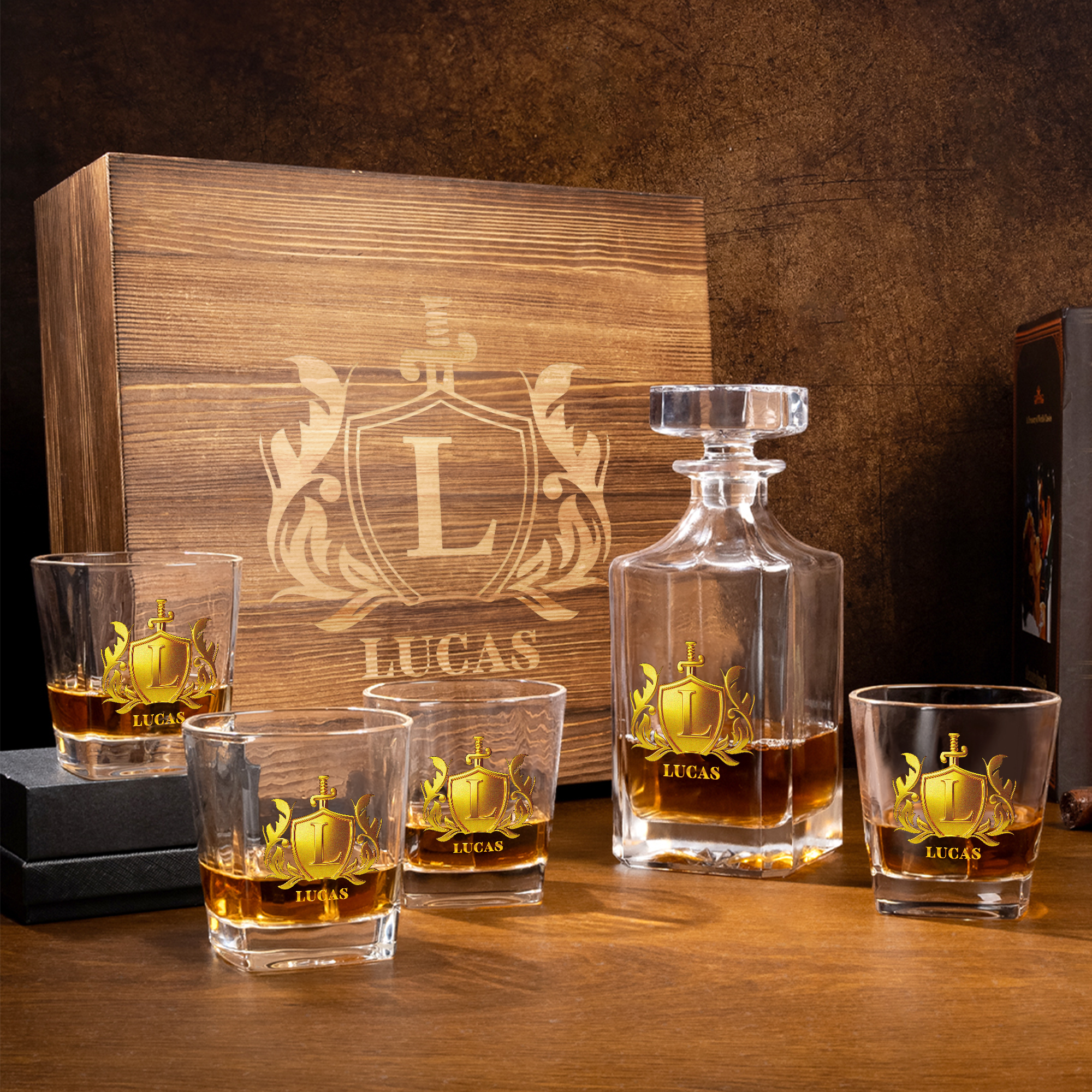 Verres de carafe à whisky en bois avec nom Cadeau de fête des pères Cadeau de retraite pour grand-père barman