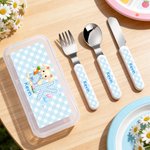 Personalized Cute Bunny Initial Safe Stainless Steel Fork Spoon Knife 3 Pcs Cutlery Set with Name and Case Back to School Birthday Gift for Boys Girls