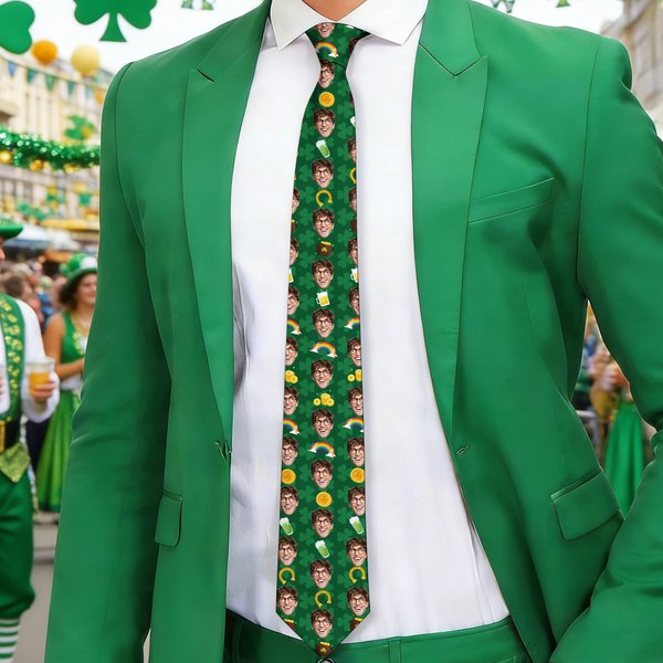 Personalized Gold Coin Beer Rainbow Clover Face Photos Soft Tie Novelty Accessory Saint Patrick's Day Father's Day Birthday Gift for Man