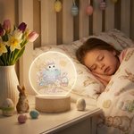 Personalized Easter Bunny Flower Acrylic LED Night Light with Name and Wooden Base Home Decor Easter Gift for Kids