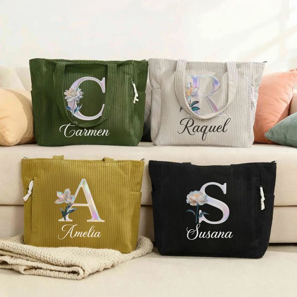 Bolso tote personalizado de pana de gran capacidad con efecto perla con flor de nacimiento nombre e inicial ideal regalo de cumpleaños para ella