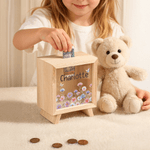 Personalised Birth Flower Wooden Money Box Piggy Bank with Name Back to School Children's Day Birthday Gift for Kids