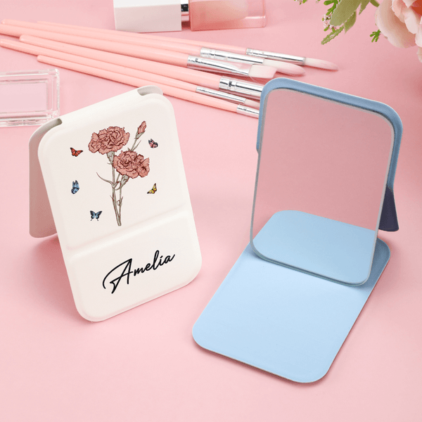 Personalised Birth Flower Butterfly PU Leather Makeup Mirror with Name Foldable Travel Essentials Birthday Anniversary Gift for Women