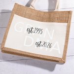 Personalized First Mom Now Grandma Jute Tote Bag with Front Pocket Travel Essentials Birthday Gift for Women