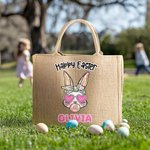 Personalized Happy Easter Sunglasses Bunny Large Jute Tote Bag with Name Easter Party Gift for Kids