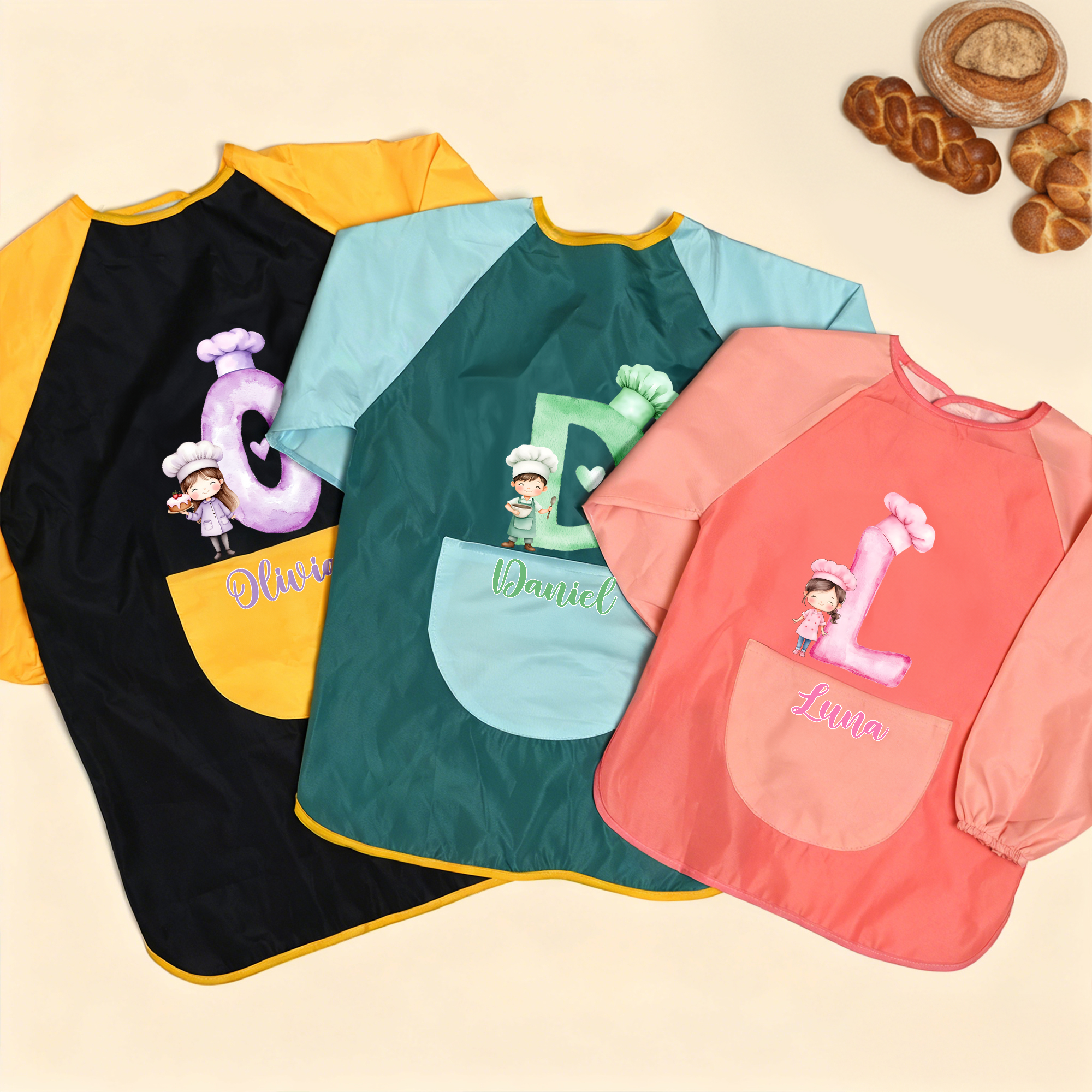 Chapeau de chef personnalisé Tablier imperméable à manches longues avec initiales et poche pour peinture et pâtisserie Cadeau d'anniversaire pour enfant