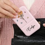 Personalised Birth Flower Butterfly PU Leather Makeup Mirror with Name Foldable Travel Essentials Birthday Anniversary Gift for Women