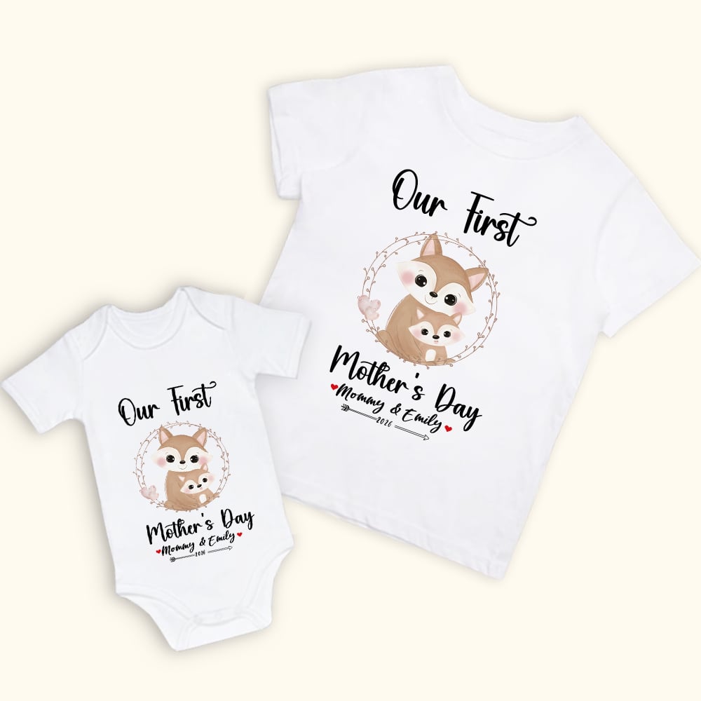 T-shirt et Onesie bébé 100% coton avec motif renard personnalisé Notre premier cadeau de fête des mères pour le nouveau-né et la nouvelle maman