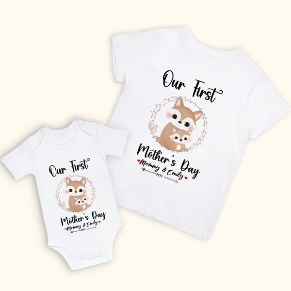 Personalised Cute Fox Design 100% Cotton T-shirt and Baby Onesie Matching Outfit Our First Mother's Day Gift for Newborn New Mom