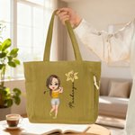 Personalized Cartoon Golfer Character Birth Flower Corduroy Tote Bag with Name Travel Essential Birthday Gift for Women Golf Lovers