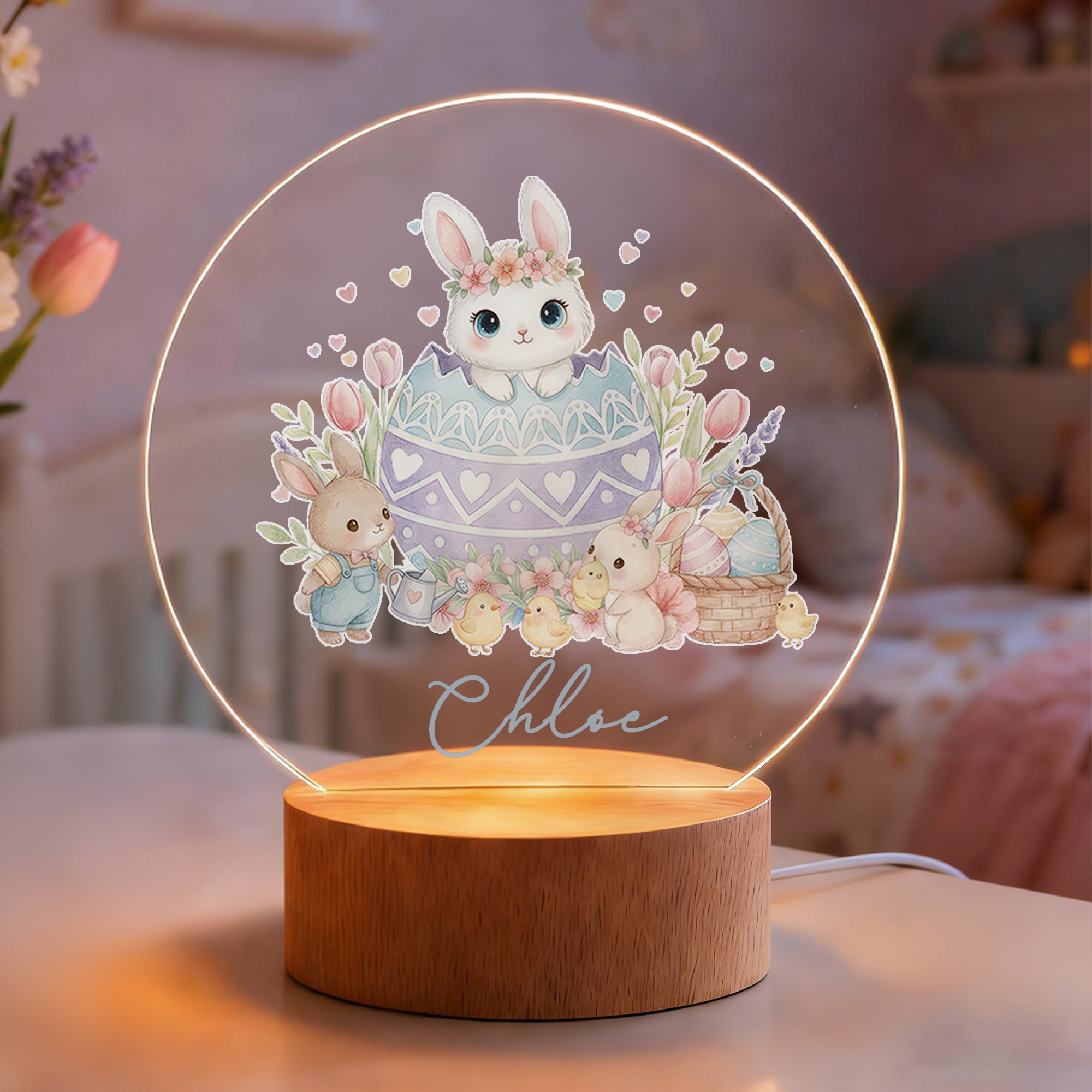 Veilleuse LED en acrylique avec nom et socle en bois personnalisée Lapin de Pâques Fleur Cadeau de Pâques pour enfants
