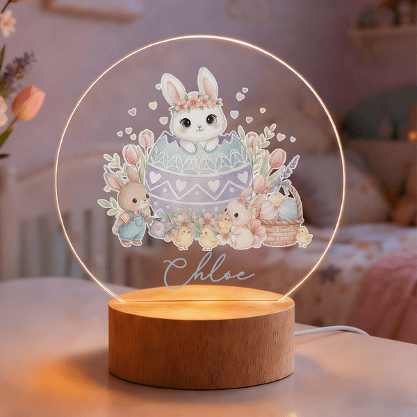 Personalized Easter Bunny Flower Acrylic LED Night Light with Name and Wooden Base Home Decor Easter Gift for Kids