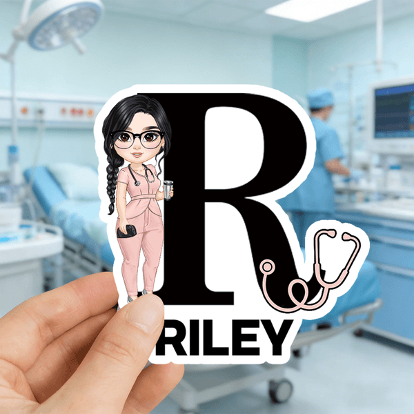 Personalized Cartoon Medical Character Set of 2 Waterproof Stickers Labels with Name and Initial Birthday Gift for Nurse Doctor