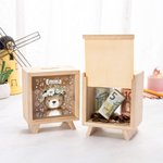 Personalisierte Spardose aus Kiefernholz mit Namen und niedlichen Waldtieren Blumenkranz Sparschwein Geburtstag Taufe Geschenk für Mädchen und Jungen
