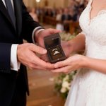 Personalized Black Gold Border Monogram Wooden Ring Box with Name and Initial Date Engagement Wedding Ceremony Gift for Couple