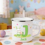 Personalized Cute Rabbit Easter Egg 12 oz Enamel Mug with Name and Initial Easter Birthday Gift for Kids