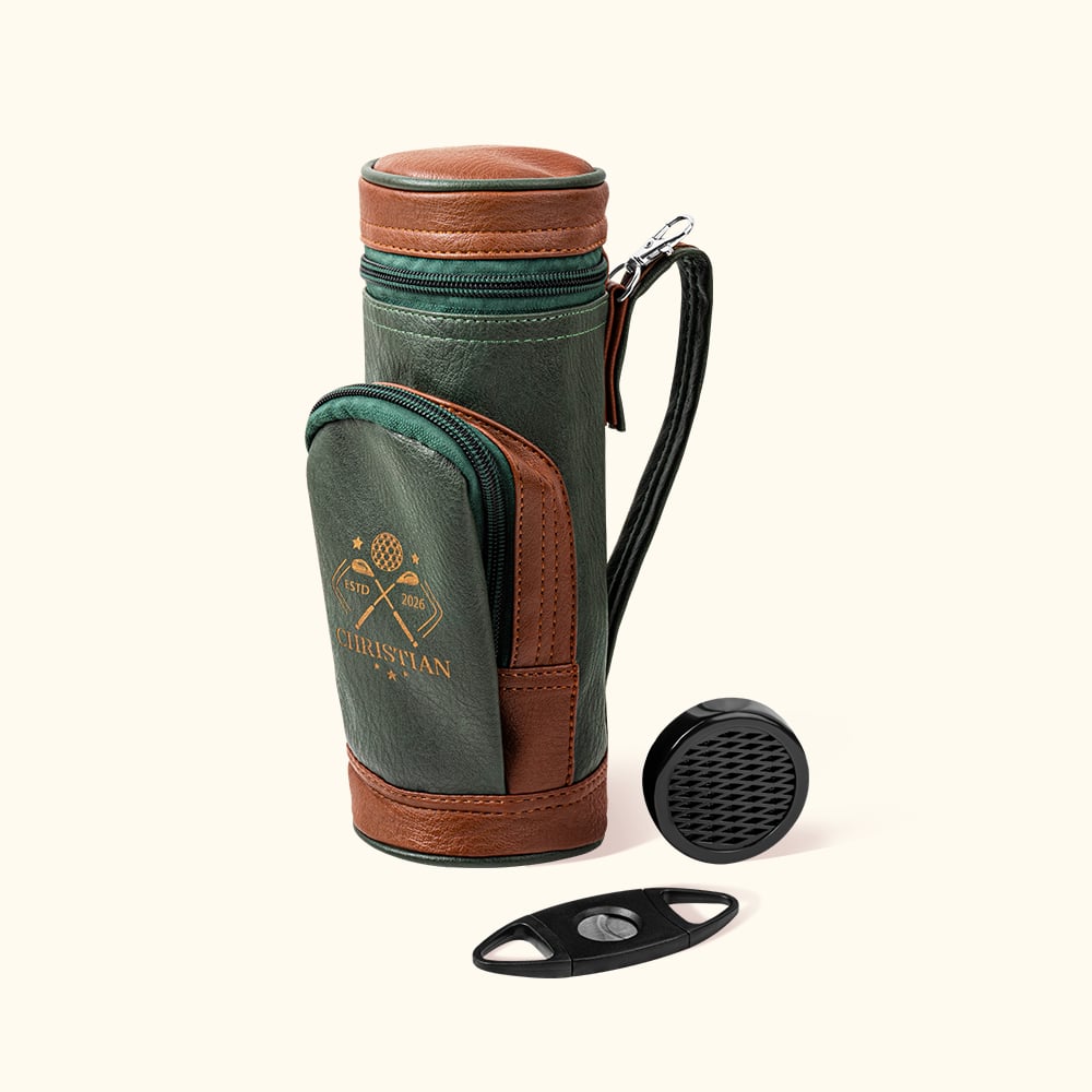 Sac Balle de Golf en Cuir PU Personnalisé avec Monogramme et Set Coupe-Cigares Humidificateur Cadeau Fête des Pères pour Amateurs de Golf
