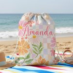 Personalized Flower Colorful Checkered Design Drawstring Bag with Name Outdoor Activities Beach Party Birthday Gift for Women Besties Family