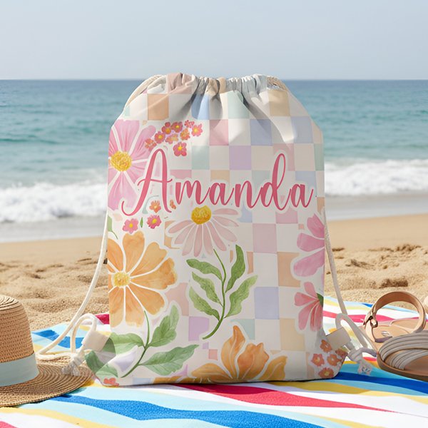 Personalizzato Fiore Design a scacchi colorati Borsa con coulisse con nome Attività all'aperto Festa di compleanno in spiaggia Regalo per le donne Amici di famiglia