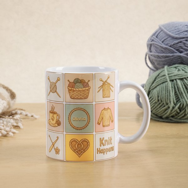 Personalized Nine-Square Grid Yarn Ball Needle Sweater 11 oz 15 oz Ceramic Coffee Mug with Name Birthday Anniversary Gift for Knitting Lovers