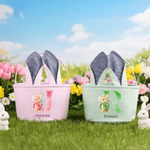 Personalisierte Aquarell Cartoon Hase Ohren gestreiften Osterkorb mit Initiale und Name Ostern Party Gunst Eier jagen Geschenk für Kinder