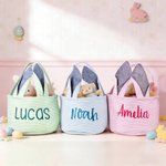 Personalized Embroidered Name Striped Easter Basket with Floppy Ears Easter Egg Hunt Bucket Gift for Boys Girls