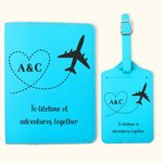 Gepersonaliseerde Vliegtuig Hart Route Lederen Paspoort Houder Bagagelabel Set met Initialen Verjaardag Huwelijksreis Cadeau voor Koppel Reisliefhebber